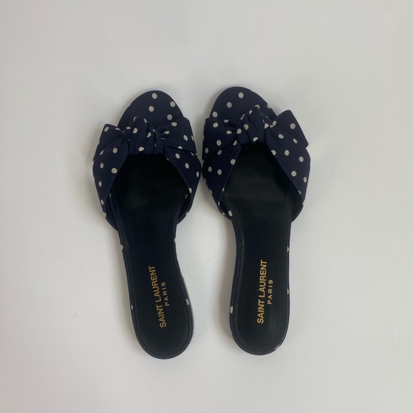 Saint Laurent Bianca Navy Knotted Polka-Dot Slides - Picture 3 of 7